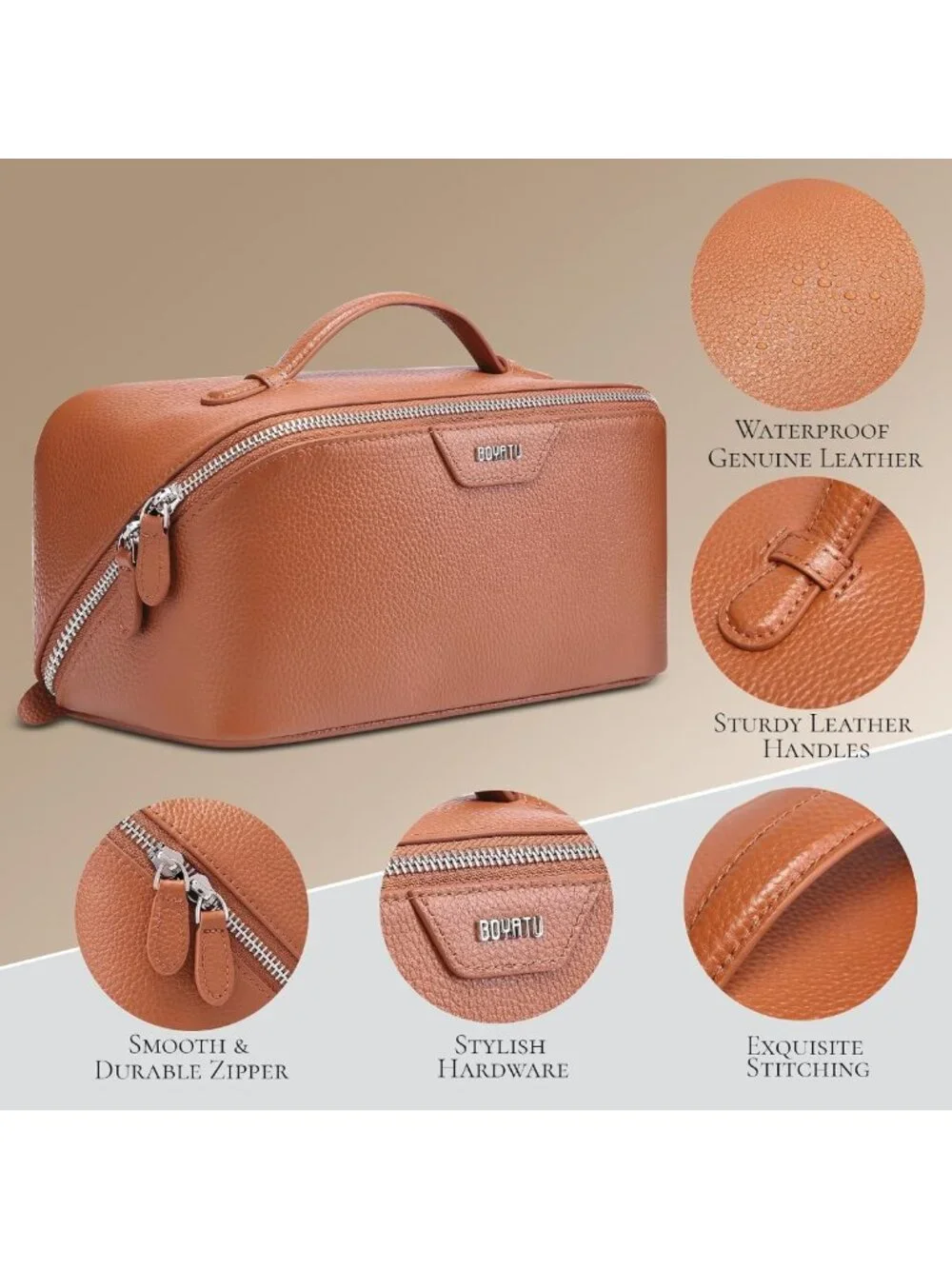 Handmade Genuine Leather Travel Makeup Bag Set - 3 Pcs Cosmetic Organizer